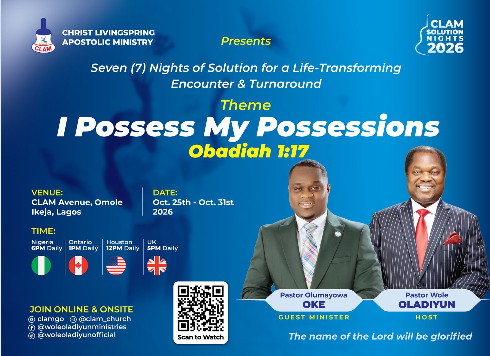 CLAM Solution Nights 2026 flyer: I Possess My Possessions, Obadiah 1:17, Oct 25-31 2026